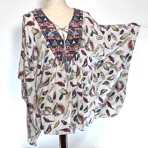 Umgee Cream Feather Print Batwing Boho Women's Top L - Picture 4 of 7